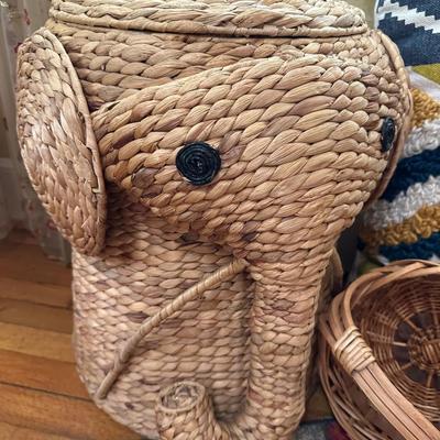 ELEPHANT HAMPER, PILLOW, BASKET, HAT LOT