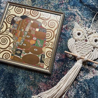 REPRODUCTION "THE EMBRACE" FRAMED ART, MACRAME OWL LOT