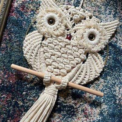 REPRODUCTION "THE EMBRACE" FRAMED ART, MACRAME OWL LOT