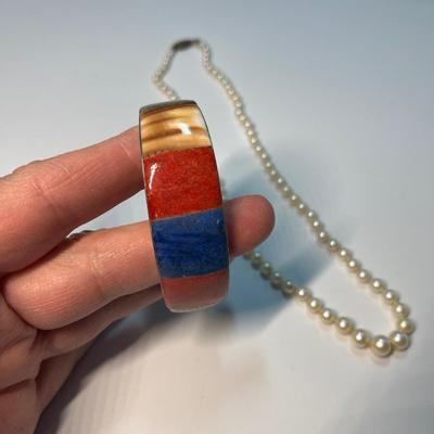 Vintage Pearl necklace & SS Cuff slip on bracelet