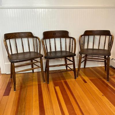 K485 Set of Three Antique Oak Captain Chairs