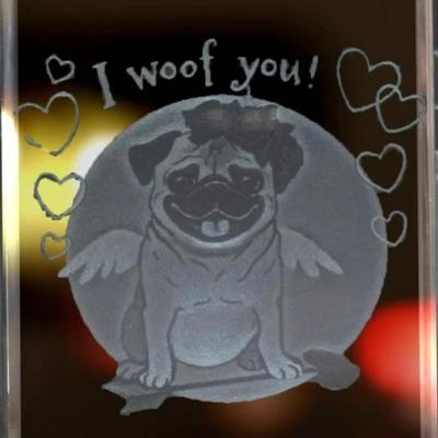 3" x 3.75" - "I woof you!" Pet Memorial Pug w/Hearts 3D Engraved Crystal Cube Keepsake - Great Gift, Pet Decor,...