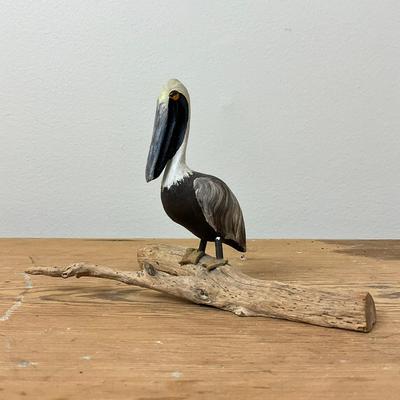 D508 Handcarved Pelican Decoy on Driftwood