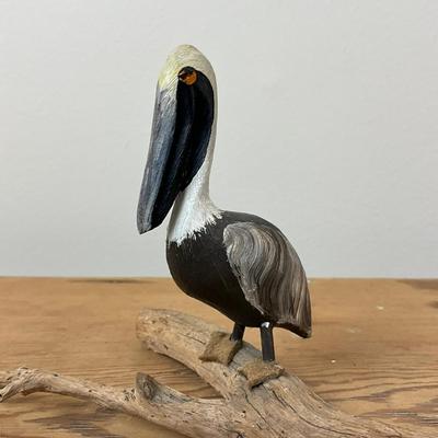 D508 Handcarved Pelican Decoy on Driftwood