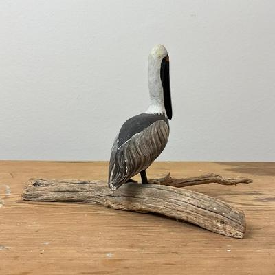D508 Handcarved Pelican Decoy on Driftwood