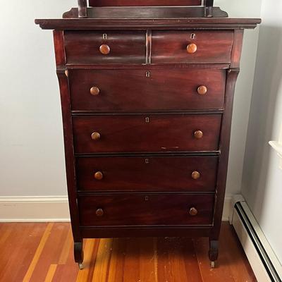 UBC525 Antique Empire Six Drawer Dresser With Tilting Beveled Mirror