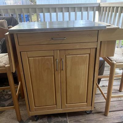 Rolling Kitchen Island Cart + Two Matching Bar Stools