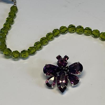 Amethyst Butterfly pin & green glass bead necklace