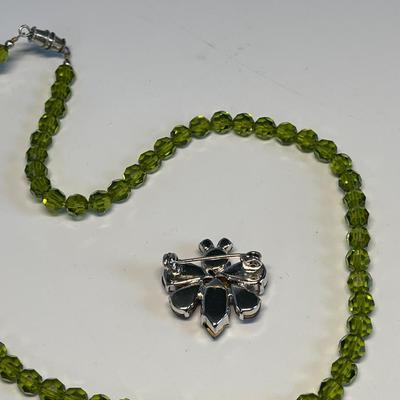 Amethyst Butterfly pin & green glass bead necklace