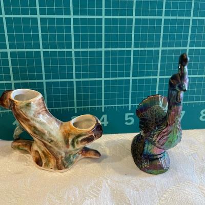 Small plastic peacock card holder & ceramic tree vase