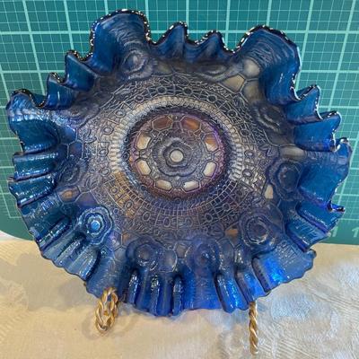 Cobalt blue carnival glass bowl