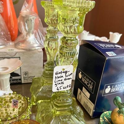 Vintage Nova Ivima 1895 lime green glass candlesticks