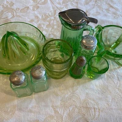 Green depression glass kitchen items