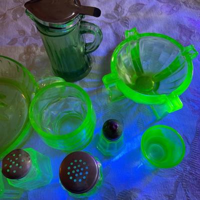 Green depression glass kitchen items