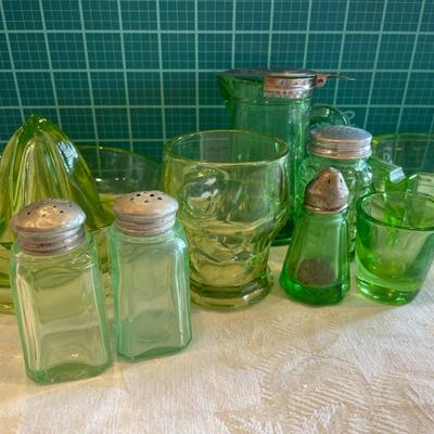 Green depression glass kitchen items
