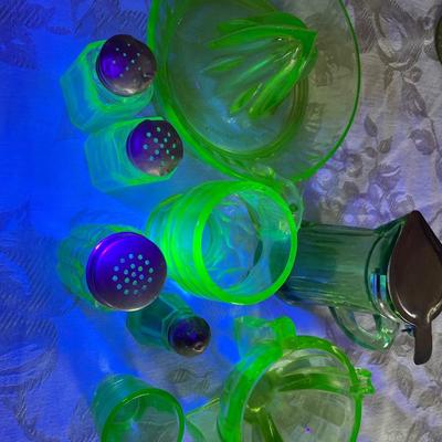 Green depression glass kitchen items