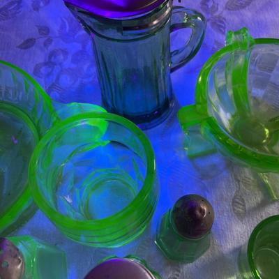 Green depression glass kitchen items