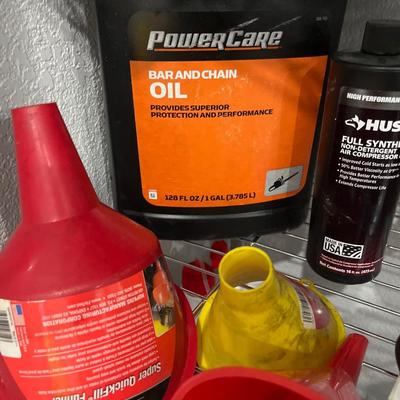 Chainsaw and air, compressor oil, funnels, miscellaneous