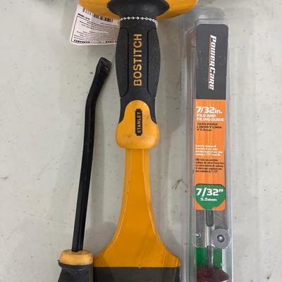 Floor, chisel, file, and filing guide, knee pads