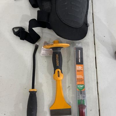 Floor, chisel, file, and filing guide, knee pads