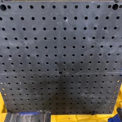 Two moving blankets, 2 1/4 ton jackstand and black plastic squares