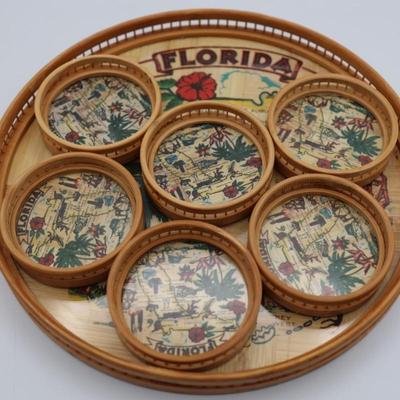Vintage Glass Top Florida Tray and Coasters
