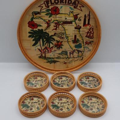 Vintage Glass Top Florida Tray and Coasters