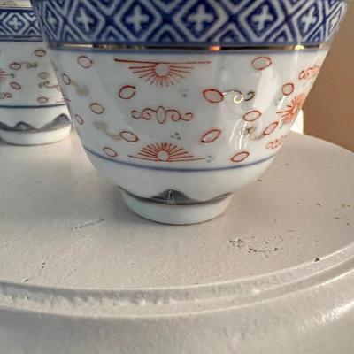 Vintage Chinese Jindezhon Rice Grain pattern blue white tea cups, set of 7