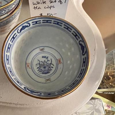 Vintage Chinese Jindezhon Rice Grain pattern blue white tea cups, set of 7