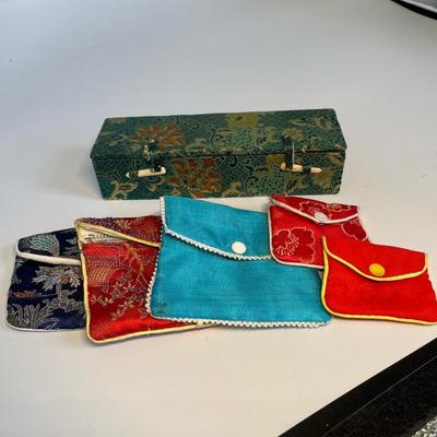 Vintage Asian jewelry bags and box