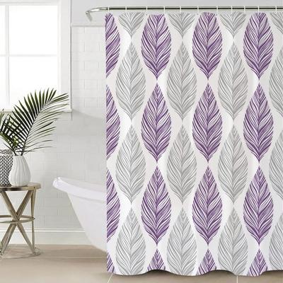 Purple & Grey Leaves Leaf Print Shower Curtain Set w/12 Hooks - Waterproof Curtain for Bathtub 60" x 72"