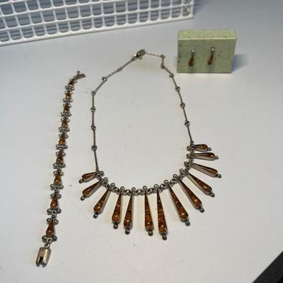 Sterling/amber necklace, bracelet and earrings