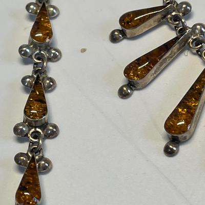 Sterling/amber necklace, bracelet and earrings