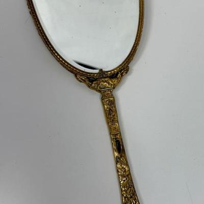 Antique Gold Tone Hand Mirror Hollywood Regency very heavy!