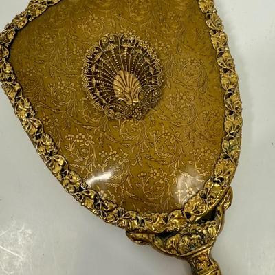 Antique Gold Tone Hand Mirror Hollywood Regency very heavy!