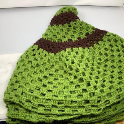 Round Crocheted Table Cover Green and Dark Brown.