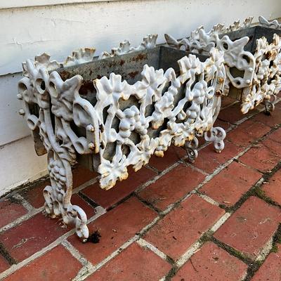 O565 Pair of Antique Cast Iron White Planters With Tin Liners