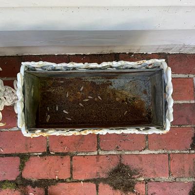 O565 Pair of Antique Cast Iron White Planters With Tin Liners