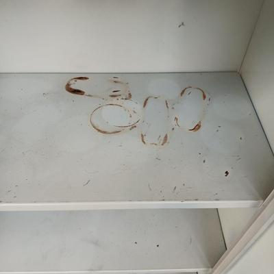 2 METAL STORAGE CABINETS (1 LOCKS WITH KEY)