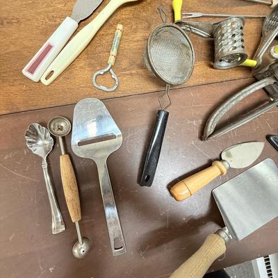 Vintage Kitchen tool lot - meal prep - knives, skewers, antique grinder, etc