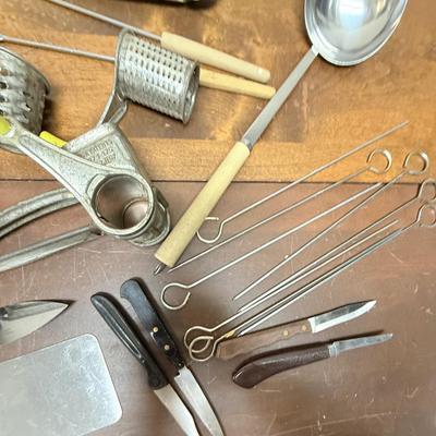 Vintage Kitchen tool lot - meal prep - knives, skewers, antique grinder, etc