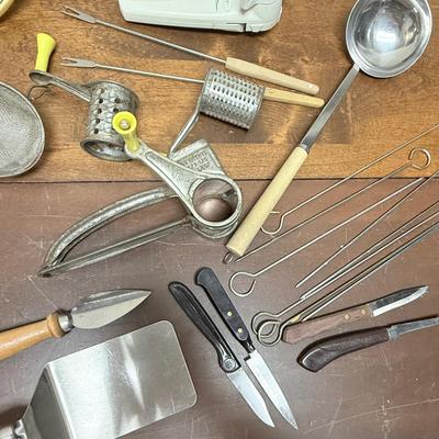 Vintage Kitchen tool lot - meal prep - knives, skewers, antique grinder, etc
