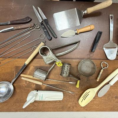 Vintage Kitchen tool lot - meal prep - knives, skewers, antique grinder, etc