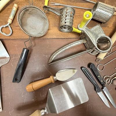 Vintage Kitchen tool lot - meal prep - knives, skewers, antique grinder, etc