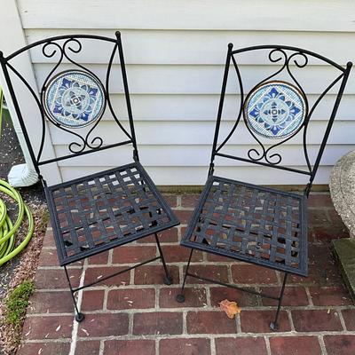O567 Pair of Folding Metal Mosaic Bistro Chairs