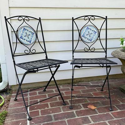O567 Pair of Folding Metal Mosaic Bistro Chairs
