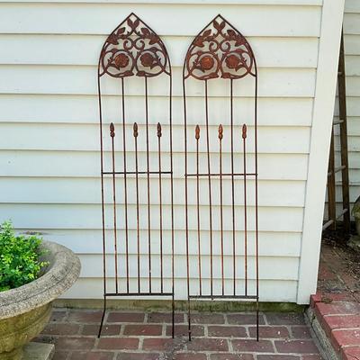 O588 Pair of Cast Iron Rose Topiaries