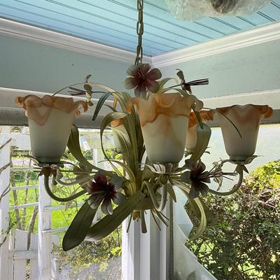 P596 Vintage Metal Floral Chandelier With Glass Shades