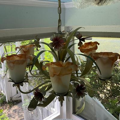 P596 Vintage Metal Floral Chandelier With Glass Shades