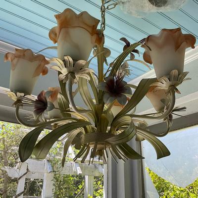 P596 Vintage Metal Floral Chandelier With Glass Shades